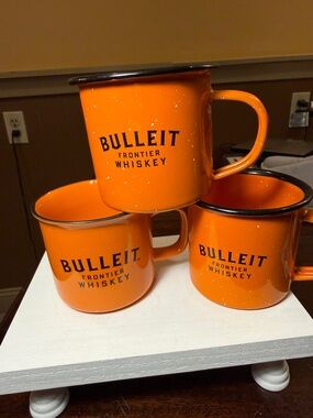 Rare Set of 3 Bulleit Frontier Whiskey Ceramic Campfire Mugs Distillery Edition